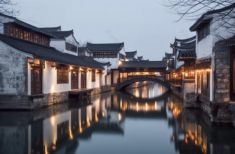 淡蓝色江南水乡古镇夜景亭台楼榭摄影美景,高清,摄影图,摄影图片,图片大全,摄影图免费下载